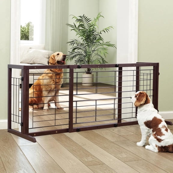 PUPIX Adjustable Wooden Pet Gate for Dogs Indoor Freestanding Dog Gate Fence for Doorways Stairs Hallways Expandable Solid Wood Dog Barrier 38 to 71 Inches Deep Brown