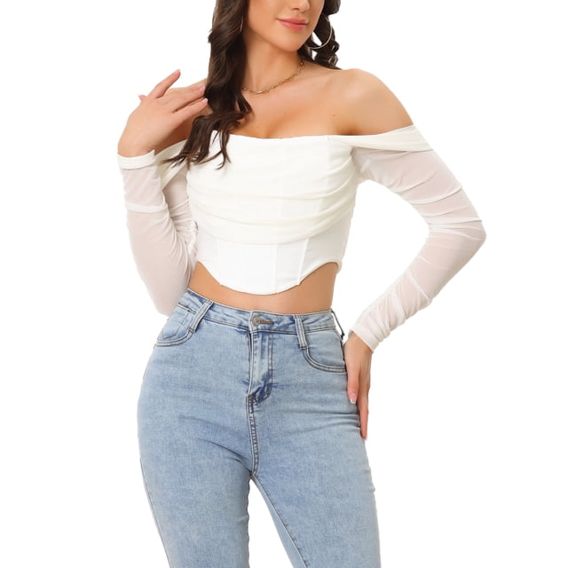 INSPIRAR CHIC Top Corto de Corsé de Manga Larga Transparente para Mujeres Blusa Off Shoulder Fruncida Push Up Fiesta Bustier con Varillas XS Beige