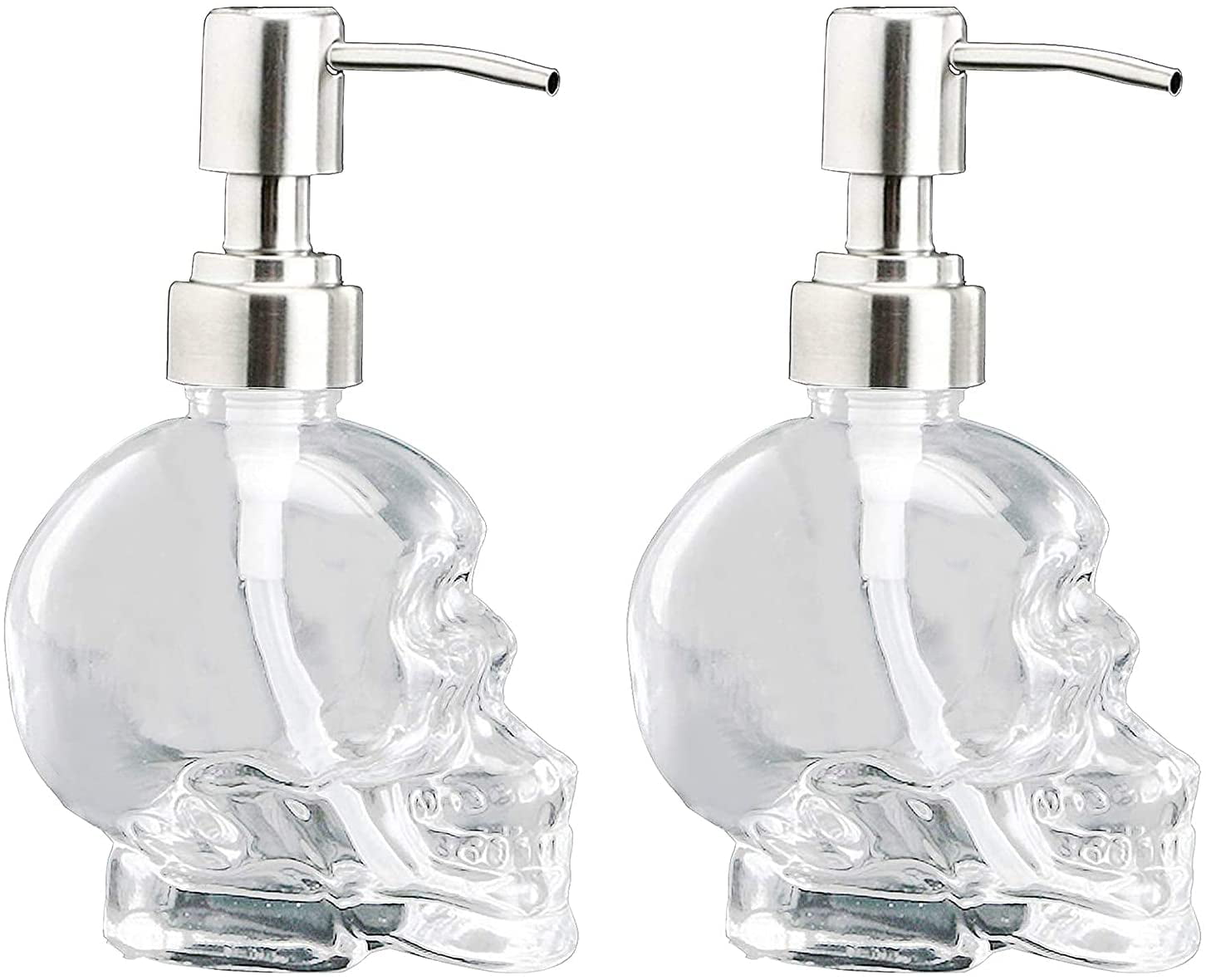 prosfalt 2 Pack Chirstmas Skull Soap Dispenser,Clear Glass Pump Bottle with Rust Proof Stainless Steel Pump,Refillable Soap Dispenser for Bathroom Kitchen Decor 