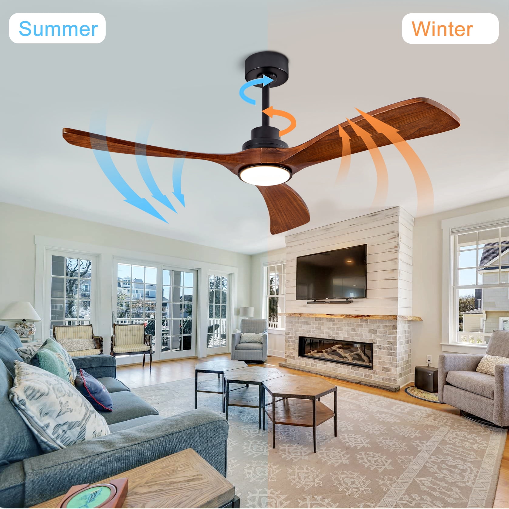 Mintazer 52 in Ceiling Fan with LED Light, Modern Ceiling Fan with Handheld Remote for Indoor Outdoor Bedroom Living Room, Walnut