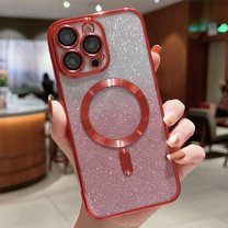 Dteck for iPhone 15 Pro Case Glitter Magnetic Compatible with MagSafe Accessory, Shockproof Full Camera Lens Protection Luxury Plating Cute Bling Clear Slim Phone Case for Women Girls,Red