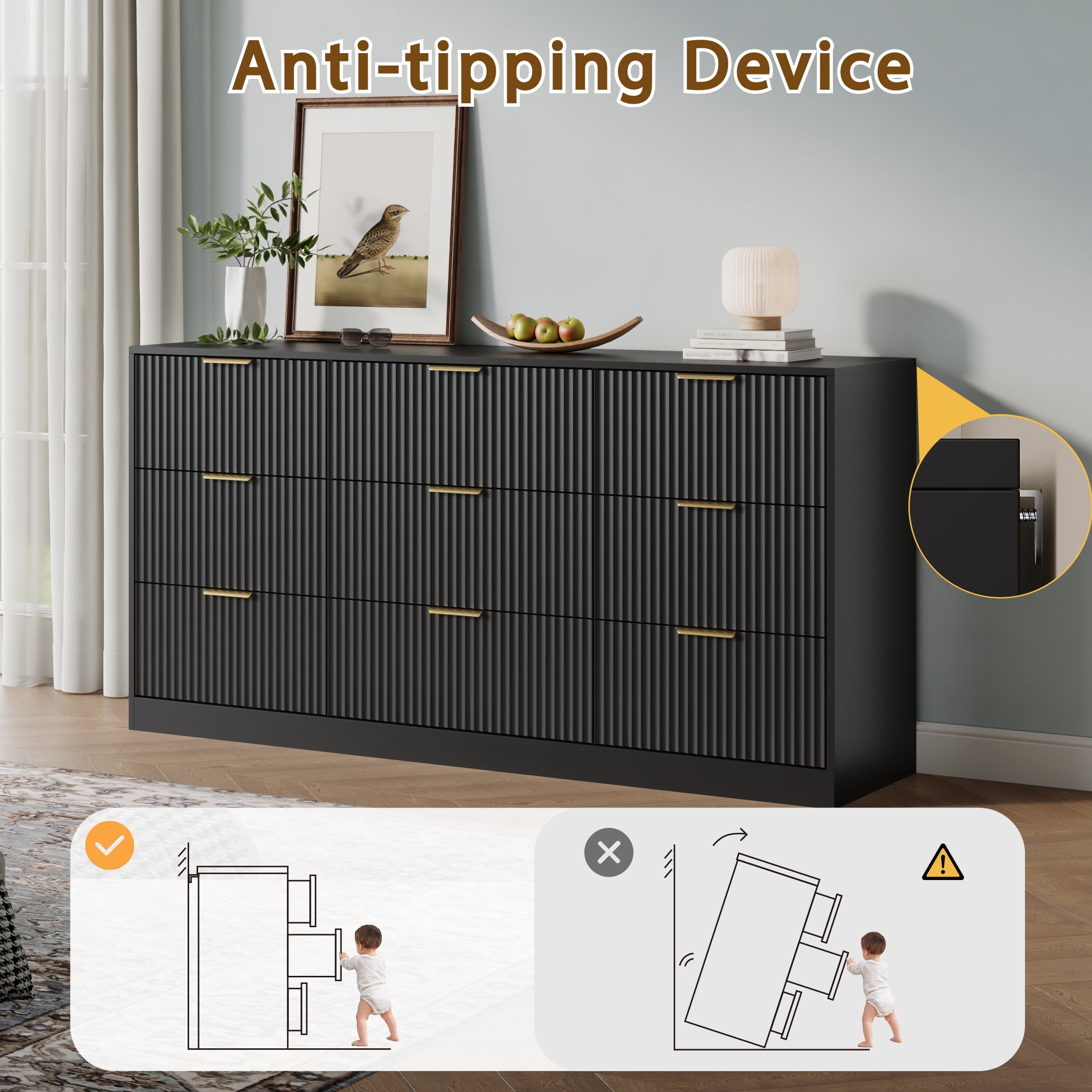 YouTrend Black 9 Drawer Dresser for Bedroom,Modern Adult Fluted Wood Chest of Drawer with Golden Embedded Handles for Living Room,Hallway