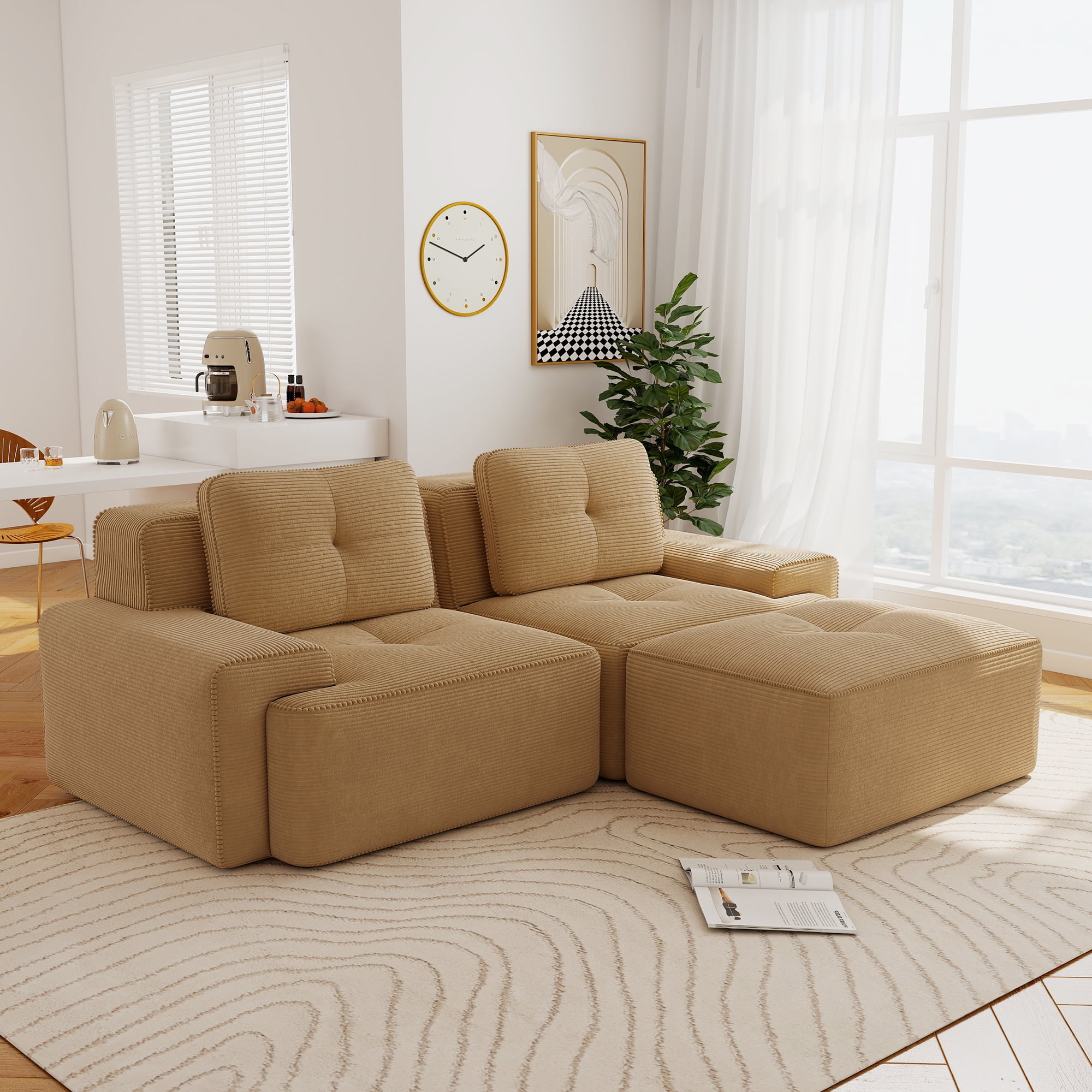 Aukfa 3-Piece Tufted Modular Sectional Sofa with Ottoman, 29.5-in Deep Seat, Corduroy, Camel
