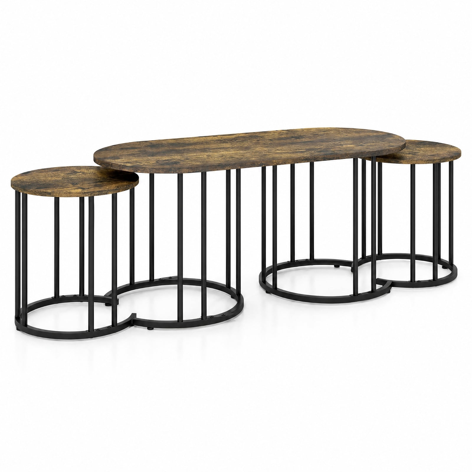 Furnibear Nesting Coffee Table Set of 3 with Wood Grain Tabletop and Powder Coated Black Metal Frame for Living Room, Rustic Brown