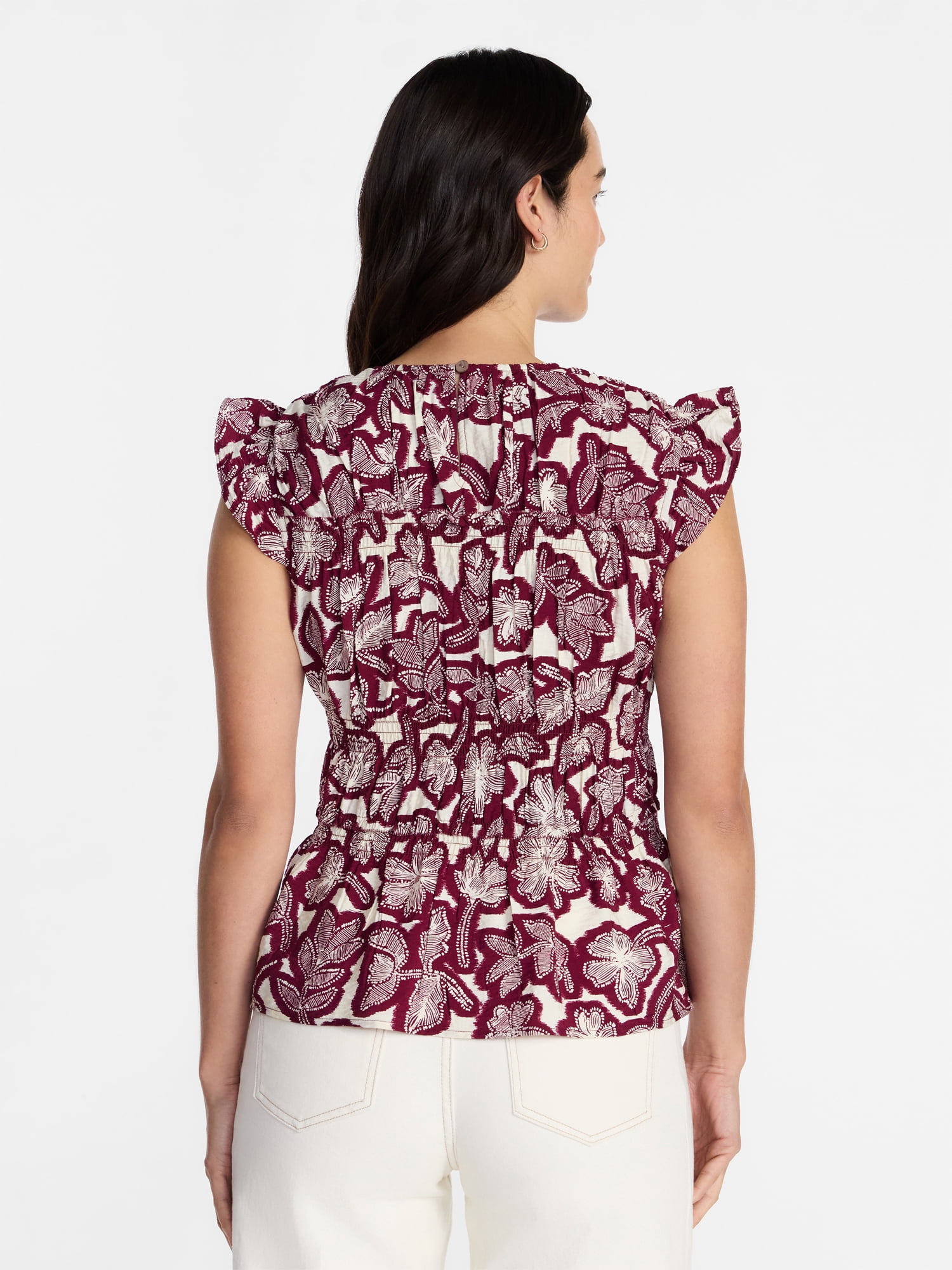 Time and Tru Women's Sleeveless Smocked Top with Ruffle Trim, Sizes XS-XXXL