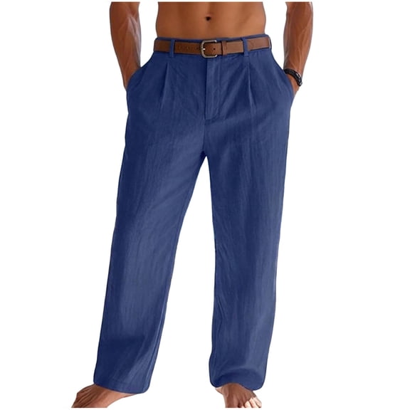 DeHolifer Men's Casual Linen Pleated Pants Lightweight Loose Summer Beach Linen Dress Trousers Navy XL