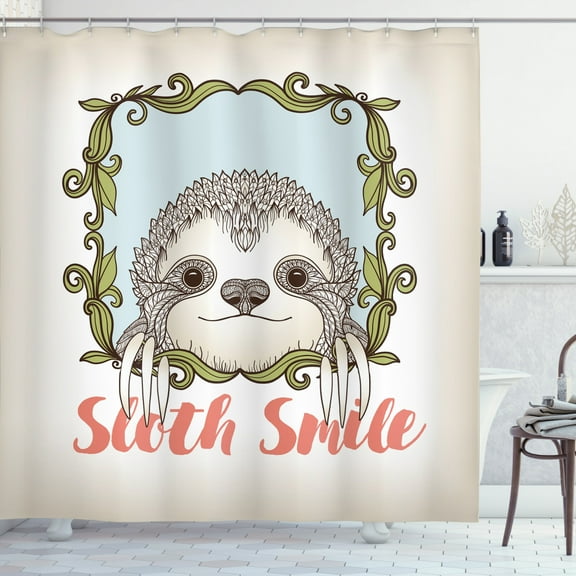 Ambesonne Sloth Shower Curtain, Animal Floral Frame, 69"Wx75"L, Olive Green Blue Pink