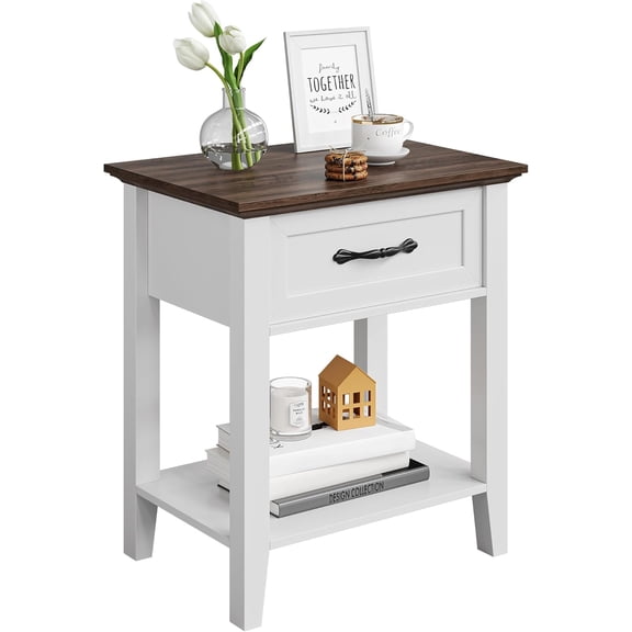 Nightstand with Drawer and Storage Shelf Modern End Table for Bedroom Living Room White