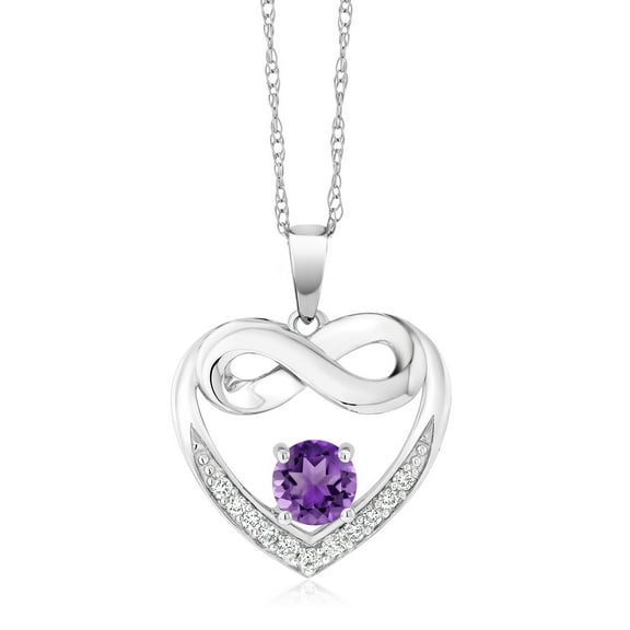 Gem Stone King 10K White Gold Purple Amethyst and White Lab Grown Diamond Heart and Infinity Pendant Necklace for Women (0.89 Cttw, Round 5MM, with 18 inch Silver Chain)