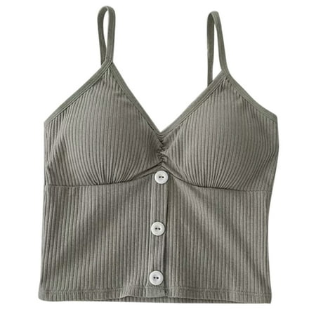 

GAOCOLD Womens Sexy V Neck Ribbed Knit Strappy Bralette Solid Color Buttons Front Camisole Bra Casual Push Up Padded Wireless Fitness Tank Top Underwear