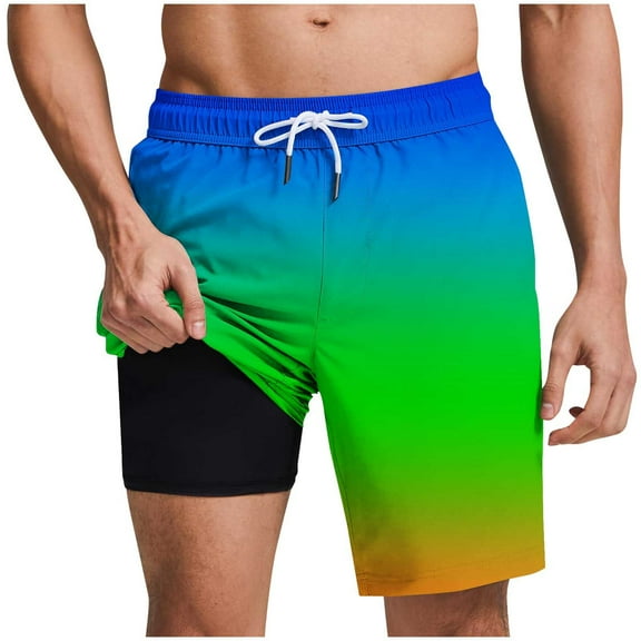 USNSM Men's Gradient Printed Casual Shorts Summer Swim Shorts Drawstring Elastic Waist Beach Short Pants with Pockets Blue L