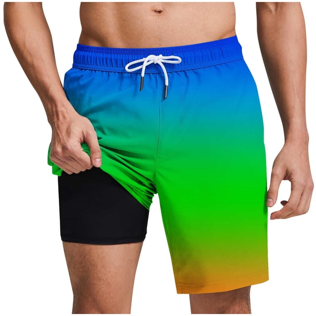 Plebaso Men's Beach Shorts with Compression Liner Elastic Waist Drawstring 2 in 1 Summer Shorts Swimwear