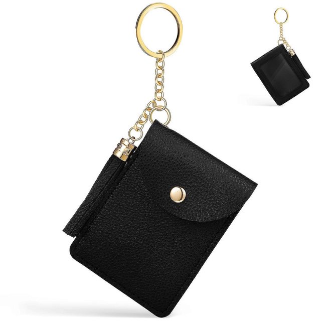 Small PU Leather Card Holder Credit Card ID Card Purse Coin Holder with Tassel and Keyring