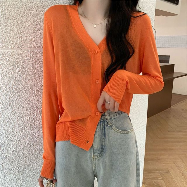 Abrigo informal holgado y fino de manga larga para mujer, cárdigan con botones y cuello en V que combina con todo, ropa Sexy transparente Y2k con protección solar