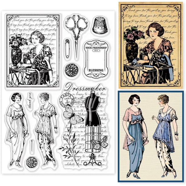 Sellos transparentes con fondo de costura vintage para scrapbooking DIY. Elegante modelo de máquina de coser femenina.