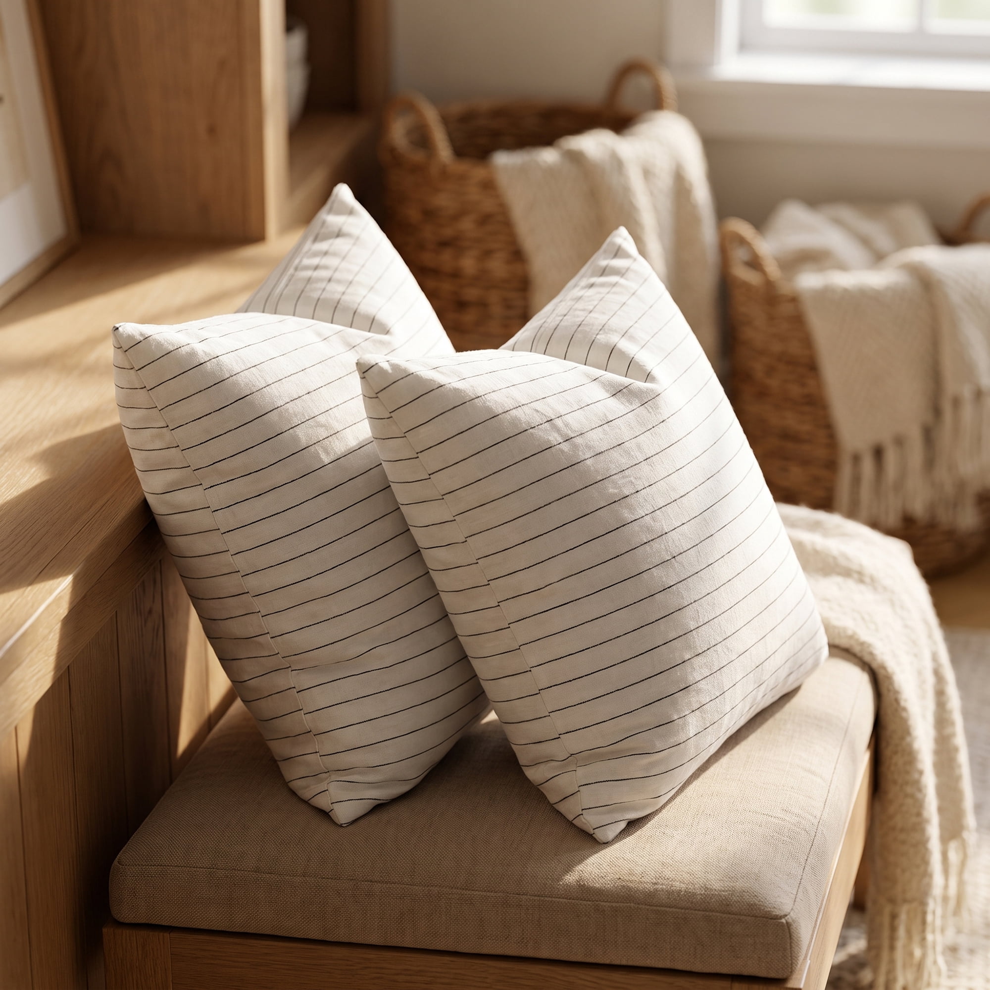 Unique Bargains 2 Pack Fine Stripe Throw Pillow Covers Cotton Blend Cases White 18"x18"
