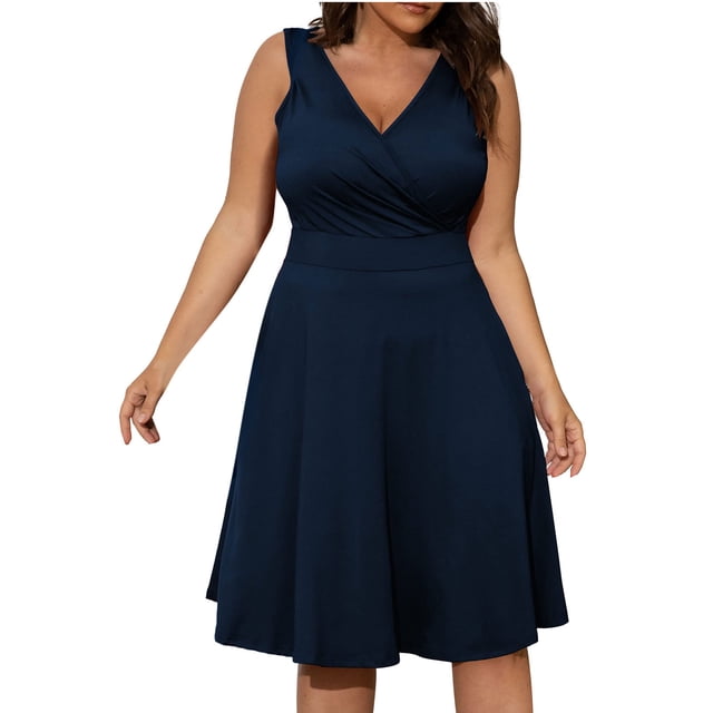 Pisexur Robe d'Été Grande Taille pour Femmes Robe Portefeuille Unie Col en V Sans Manches Robe Dos Nu Élégante Robe Évasée de Cocktail Midi