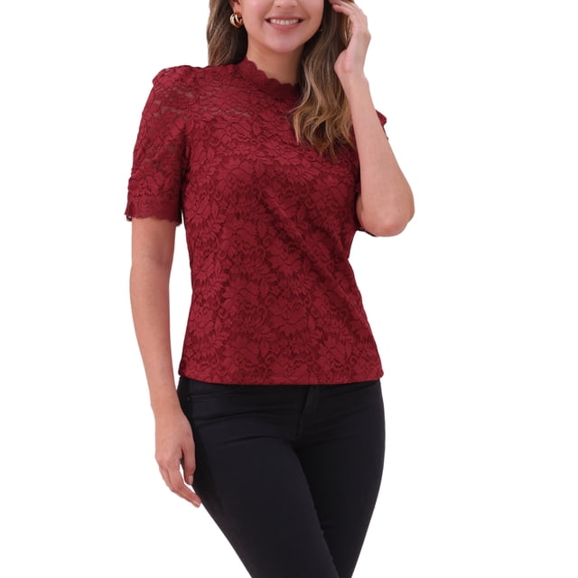 INSPIRAR CHIC Blusa de Encaje Floral de Cuello Alto con Mangas Cortas Abullonadas Elegante Blusa de Encaje para Mujeres Talla M Rojo Oscuro