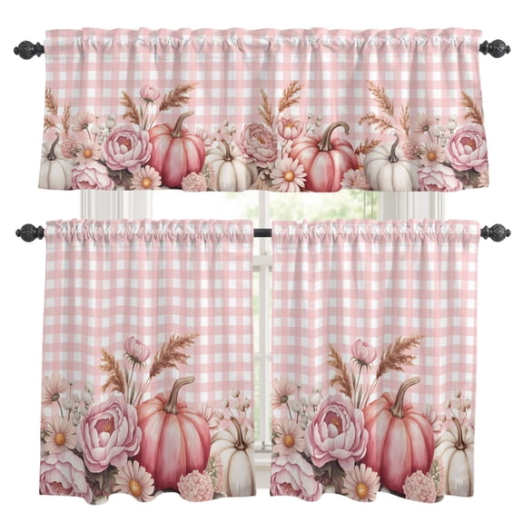 Pink Pumpkin Fall Kitchen Curtains,Kitchen Curtains and Valances Set of 3,Plaid Thanksgiving Botanical Floral Checkered Light Filtering Tier Curtain 24 Inch Length Drapes for Cafe Sink Bedroom