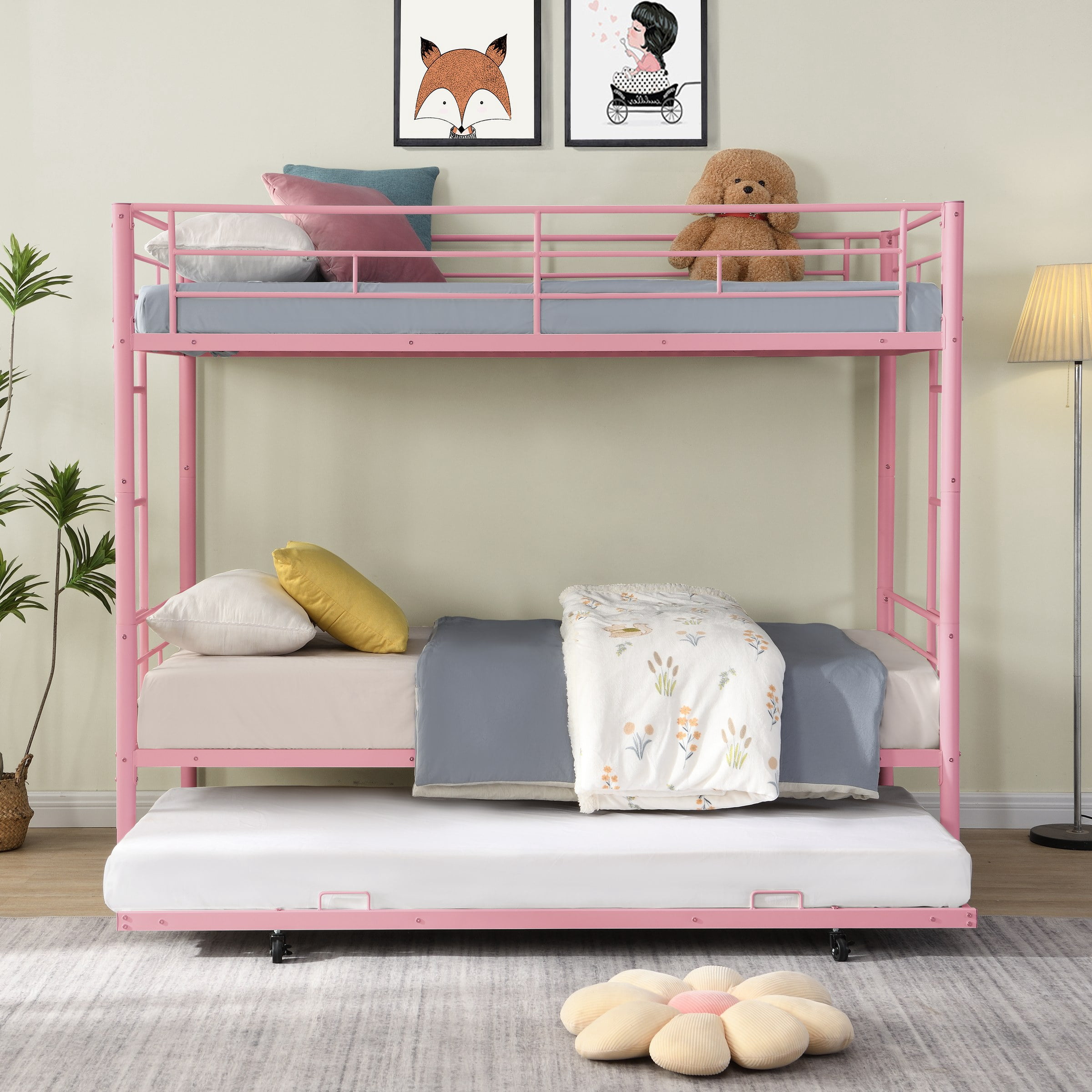 Metal Bunk Bed With Trundle Pink