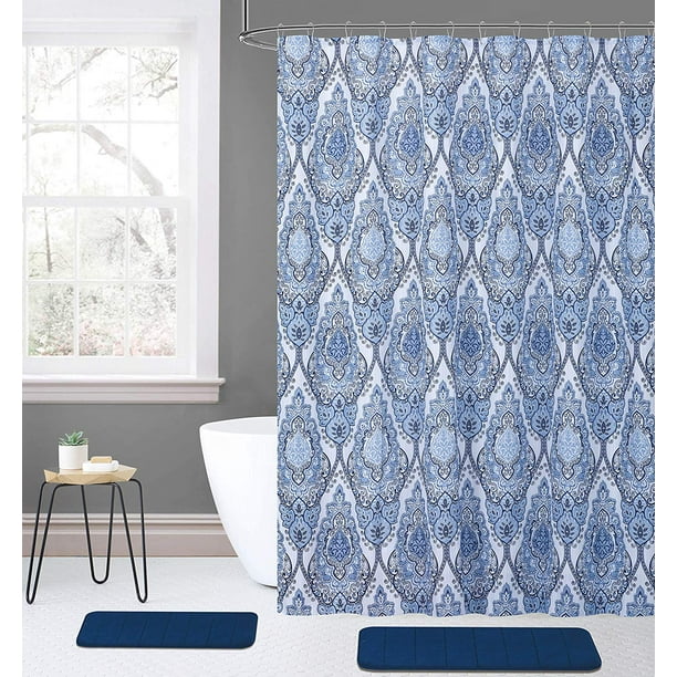 Tara Blue 15 Pc Fabric Shower Curtain, Memory Foam Bath