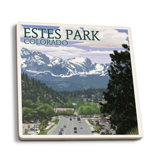 Lantern Press Ceramic Coaster Set, Estes Park, Colorado, Town Scene, Cork Back, Absorbent, Unique Art