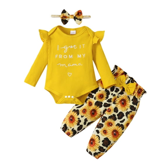Mikrdoo Baby Girls Outfits 0 Months Baby Girls Letter Print 3 Months Baby Girls Ruffle Sleeve Romper Top Sunflower Print Leopard Print Pants Headband 3Pcs Winter Clothes SetYellow