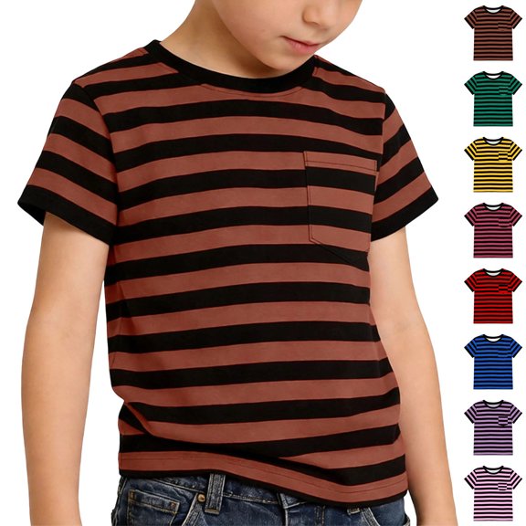 Kids Tshirt Short Sleeve Striped T Shirts with Pocket Fashion Tops Tees Tops for Boys, Size 2-13 Years