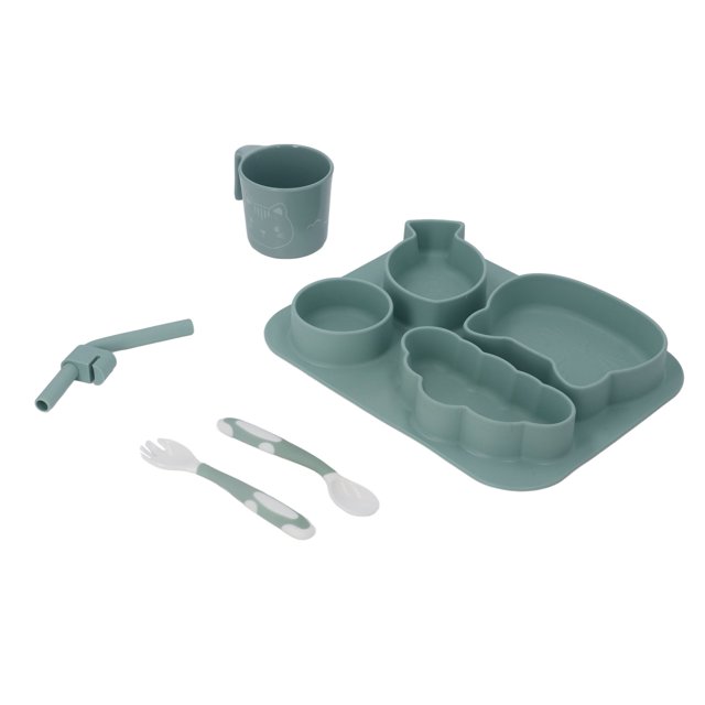 Juego De Vajilla Para Niños, Juego De Platos De Cena Para Bebés De Succión Fuerte Cubiertos Masticables Juego De 5 Piezas De Silicona Para Exteriores ANGGREK Infant Feeding Set