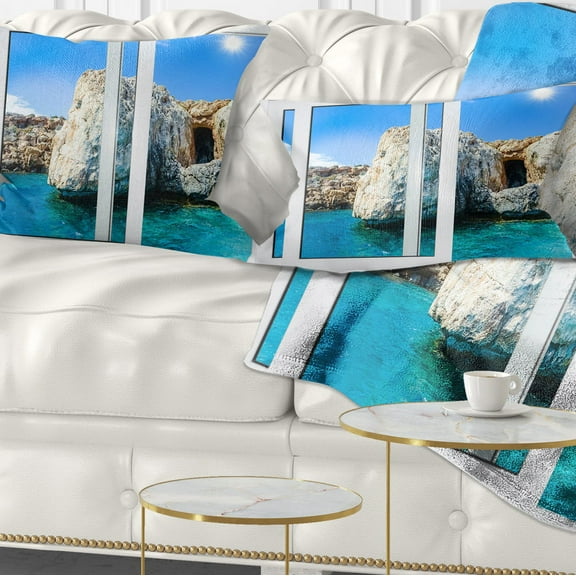 Designart Open Window to Rocky Sunny Ocean - Seashore Throw Pillow - 12x20