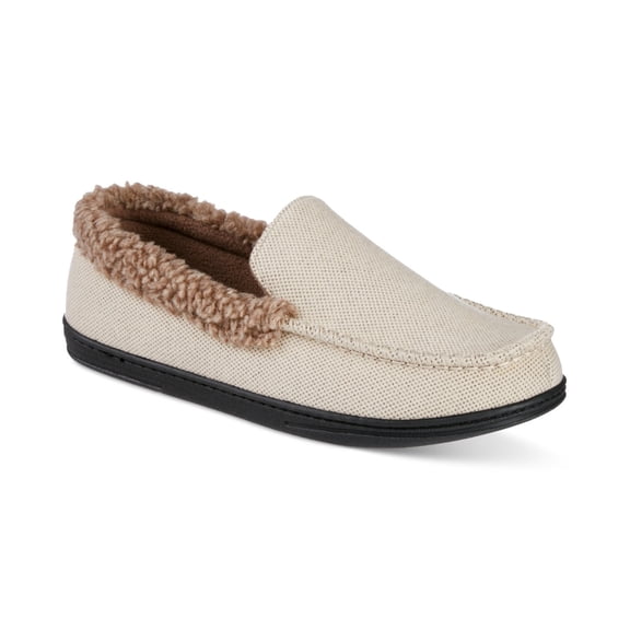 Isotoner Men's Brushed Knit or Plaid Lewis Moccasin Slipper with Fleece Lining and Memory Foam - L 9.5-10.5 / Stone