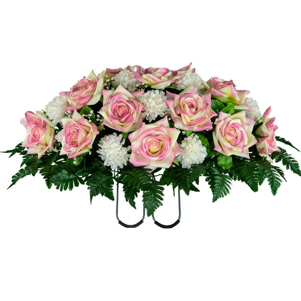 Sympathy Silks Artificial Cemetery Flowers Realistic Outdoor Grave Decorations Non Bleed Colors And Easy Fit Cream Pink Open Rose With White Mum Saddle For Headstone Com Sympathy Silks Artificial Cemetery, Outdoor Silk Flowers For Graves