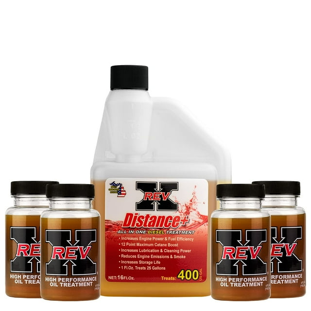 REV X Trousse Diesel Originale Plus - Distance+ Traitement du Carburant (16 Oz) + Additif à l'Huile Haute Performance (Lot de 4)