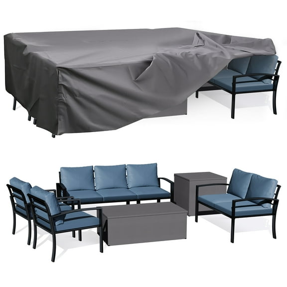 AECOJOY Metal Patio Furniture Set with Cover Outdoor Furniture sets With Storage Boxes on Sale with Blue Cushion for Balcony Porch, Lawn and More