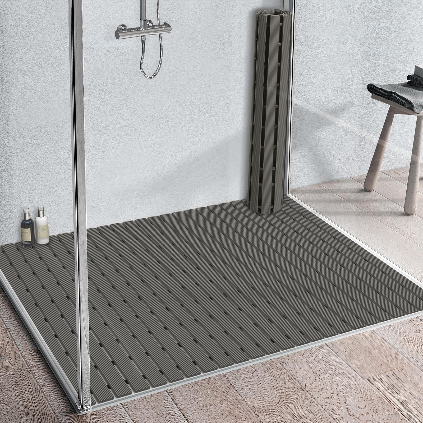 Yolife Extra Large PVC Shower Mat, 35.4x24 inch Non-Slip Bath Mat with Quick Drain, No Suction Cups, Easy to Cut & Store for Tub, Stall, Spa,Dark Grey