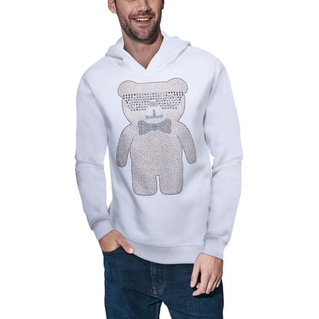 HEADS OR TAILS Mens Bear Rhinestone Hoodie, White, 2XL