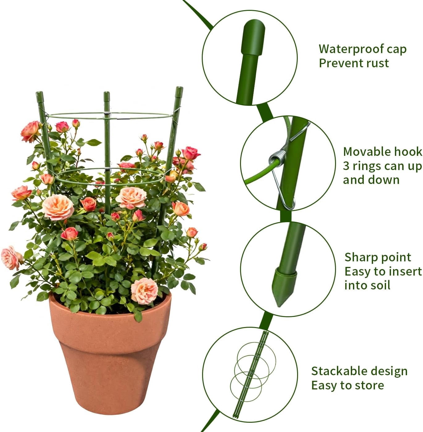 4 Pack Tomato Cage for Garden Plant Support, 18 inches Small Tomato Cages Tomato Trellis with Adjustable Rings, Plant Stakes for Peony Support, Tomato Stakes Rings for Climbing Plants