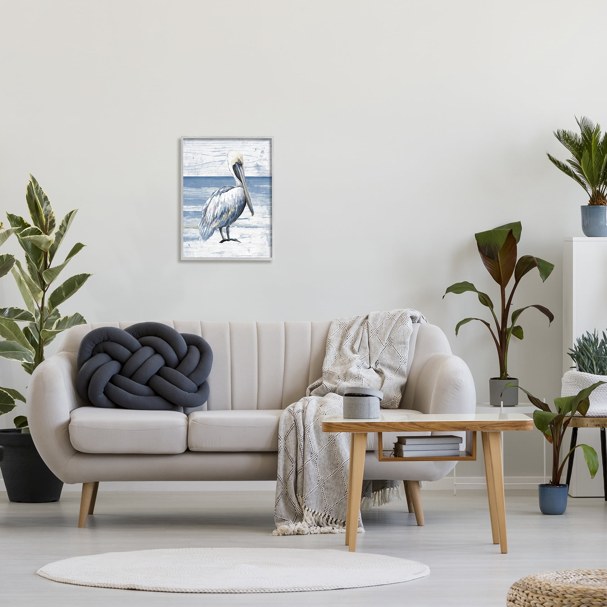 Stupell Industries Rustic Plank Pattern Pelican Animals & Insects Painting Gray Framed Art Print Wall Art, 16 x 20