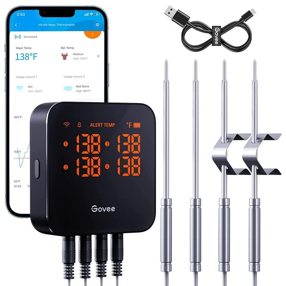 Govee Wireless Meat Thermometer with 4 Probe, Smart WiFi Meat Thermometer with Unlimited Range App Notification Alert, Digital Rechargeable Bluetooth Food Thermometer for