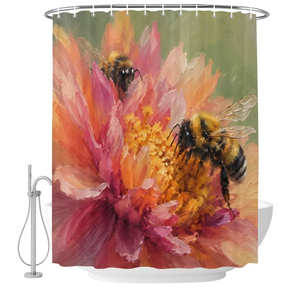 Small Stall Shower Curtain 36x78 Inch Narrow Half Size Floral Bath Curtains Bathroom Decor, Pink Flowers Petals Bees Pastoral Botanical Green Waterproof Fabric Shower Curtain Set with Hooks 36 Inch