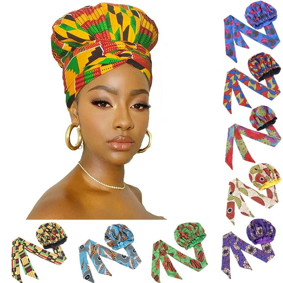 Cheers.US Women Stylish African Printed Round Hat Double Satin Wrapped Turban Headwrap Sleeping Cap Hair Decoration
