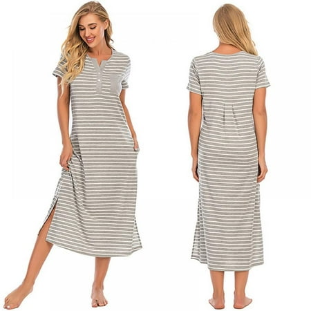 

[BRAND CLEARANCE!]Women s Short Sleeve Homewear Striped Over The Knee Long Nightdress
