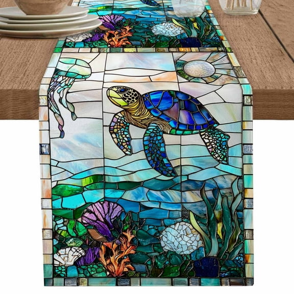 nqOlkjepod Summer Sea Turtle Table Runner 72 Inches Long Farmhouse Dress Scarves, Stained Glass Ocean Jellyfish Coral Dining Tablerunner for Coffee Table/Kitchen Island/Party Décor, 18" x 72"