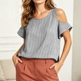 thumbnail image 6 of ClodeEU Women's Cold Shoulder Striped Blouse,Round Neck Short Sleeve T-Shirt for Summer Black,Women's Plus L, 6 of 8