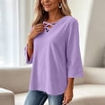 thumbnail image 6 of Tusihei Women V Neck 3/4 Sleeve Casual Tops Loose Fit Boho Pullover Tee Solid Basic Comfy Summer Fall Outfits Beach Blouse, Purple L, 6 of 8