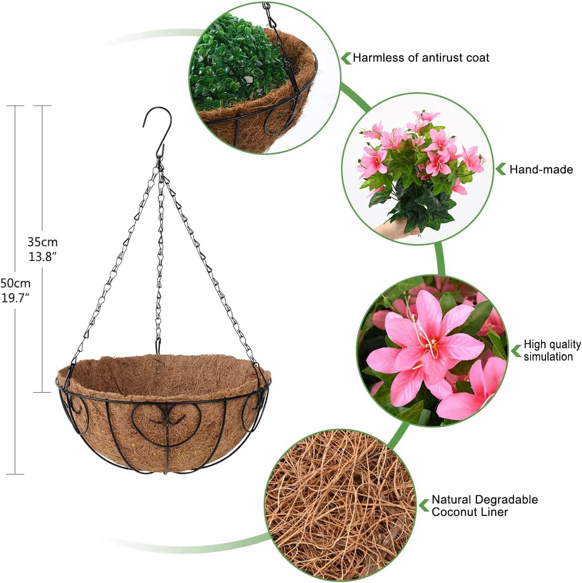 Artificial Flowers Hanging Basket for Outdoor Indoor, Fake Orchid Flowers in Coconut Lining Hanging Basket for Home Courtyard Decoration, 5 Branches Flowers in 12'' Basket(Pink)