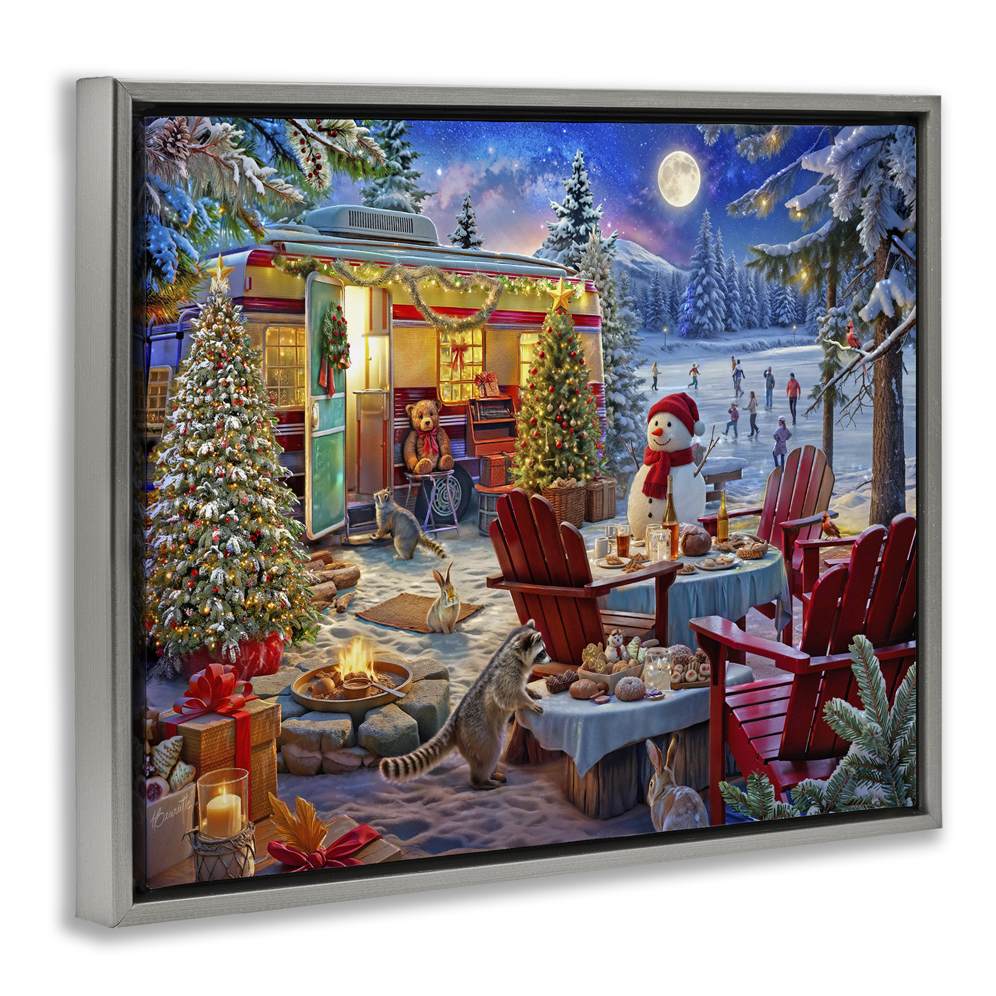 Winter Holiday Camper Party Gray Framed Floater Canvas Wall Art, design by Henriette Chinaglia