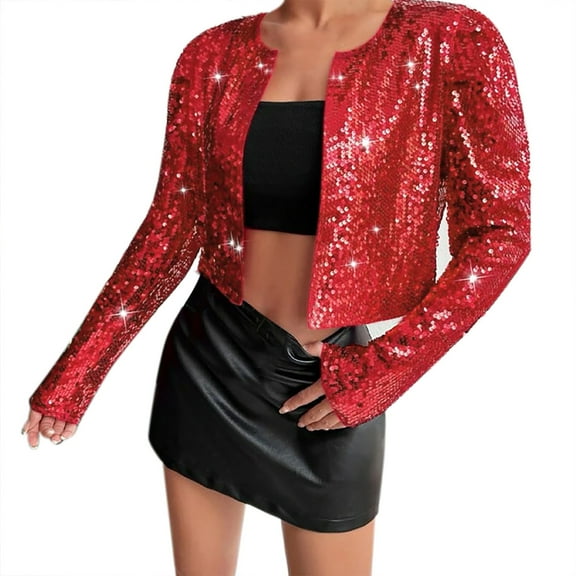 Baberdicy Lady Jacket Women's Sequin Open Front Collarless Party Glitter Sparkly Crop Jacket Blazer for Women 2023 Red