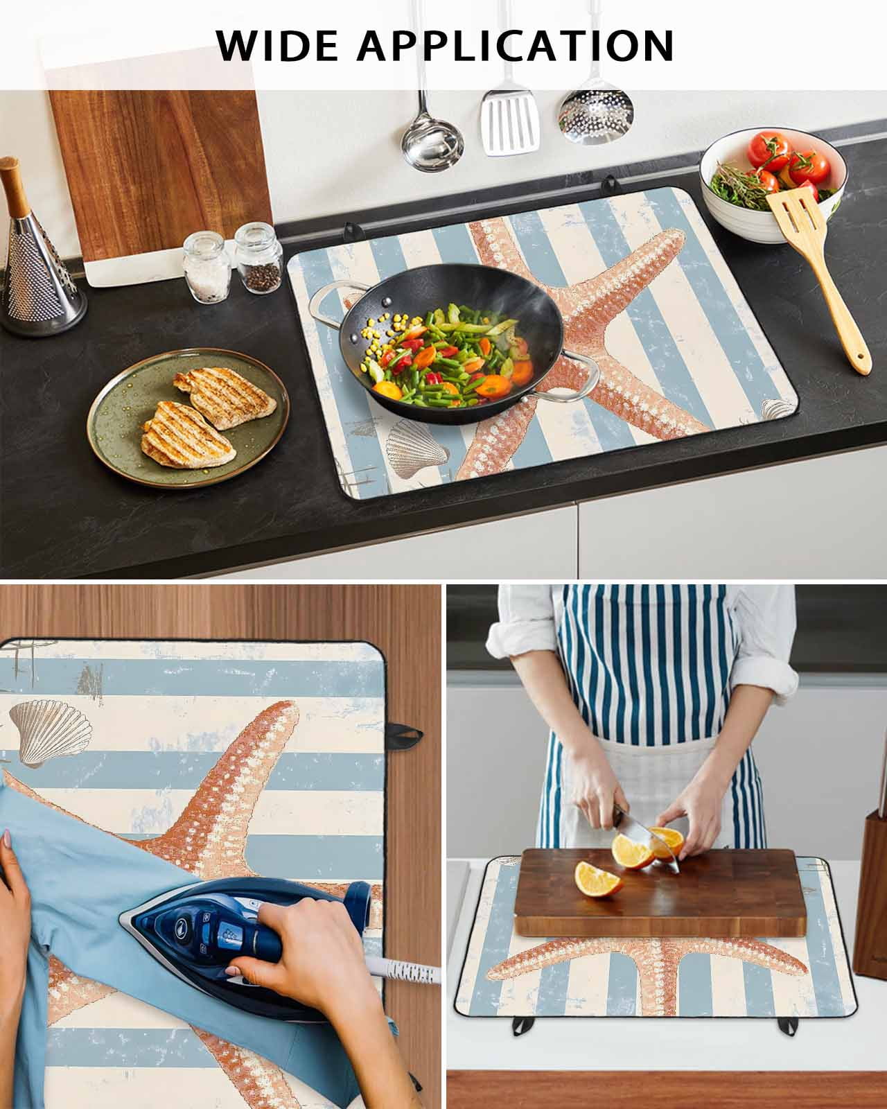 nqOlkjepod Large Induction Cooktop Protector Mat 24"x21", Coastal Starfish Stove Top Covers for Electric Stove, Summer Ocean Watercolor Stripe Stove Burner Cover Mats, Glass Top Stove Cover