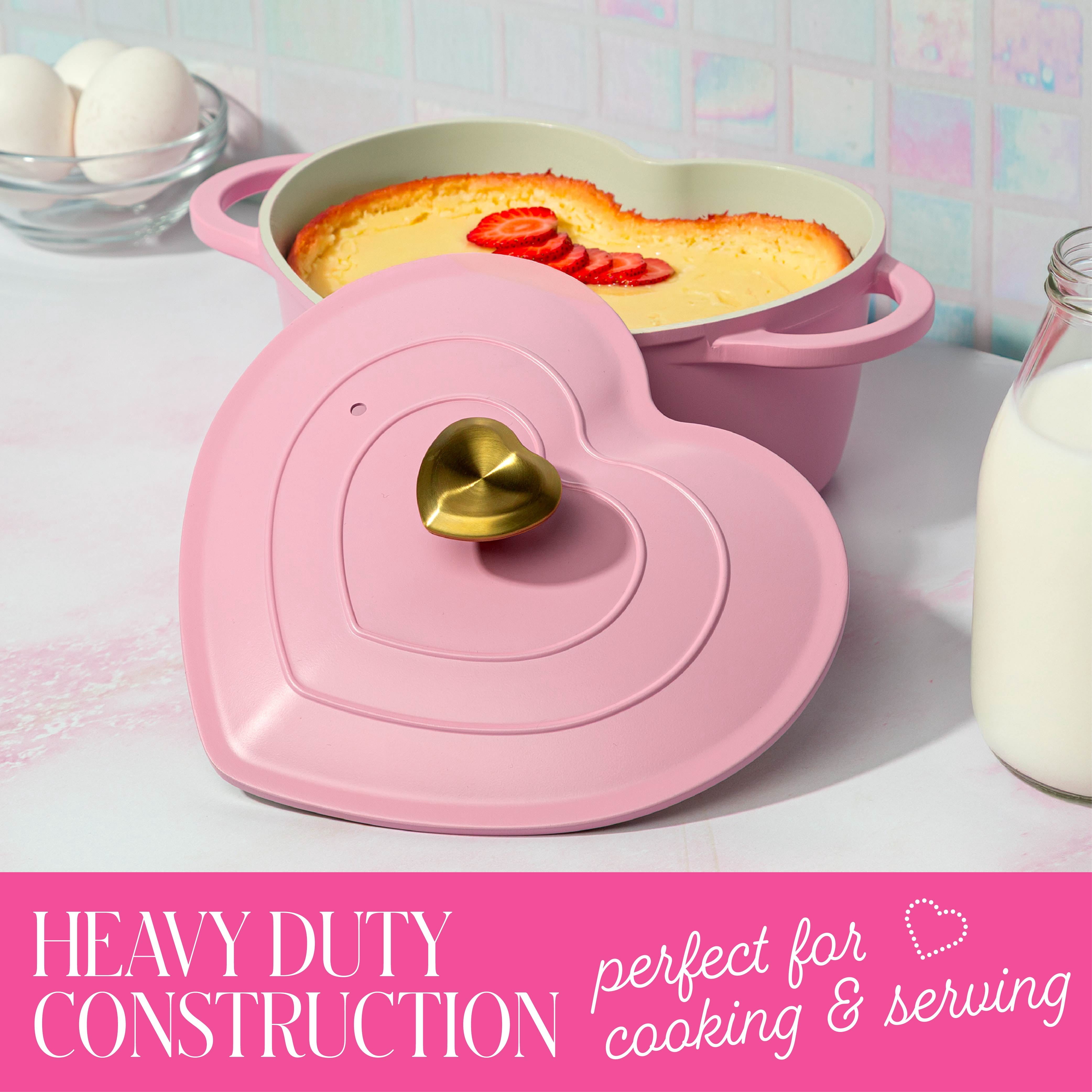 Paris Hilton 2.2-Quart Ceramic Nonstick Cast Aluminum Heart-shaped Dutch Oven with Lid, Oven Safe, Dishwasher Safe, Pink